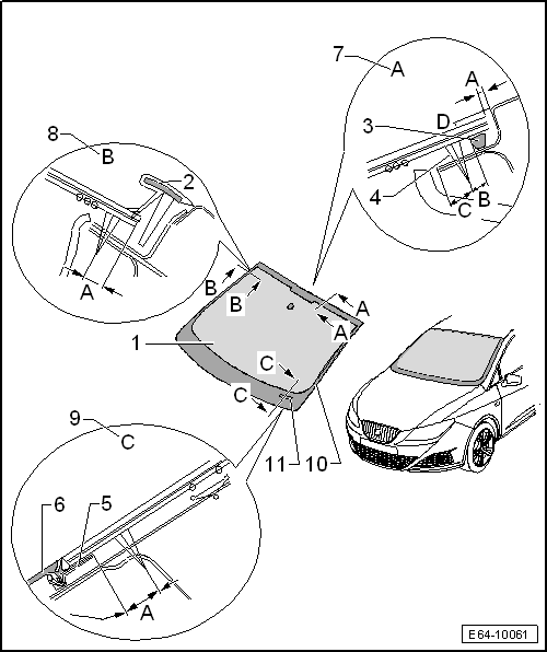 Seat Ibiza. Cristal del parabrisas: cuadro general de montaje