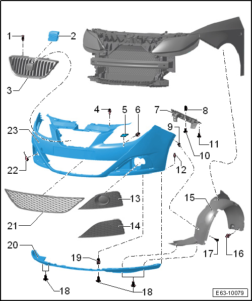 Seat Ibiza. Revestimiento del paragolpes anterior: cuadro general de montaje