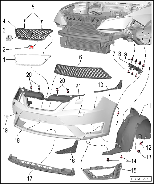 Seat Ibiza. Revestimiento del paragolpes anterior (MY 13 FR): cuadro general montaje