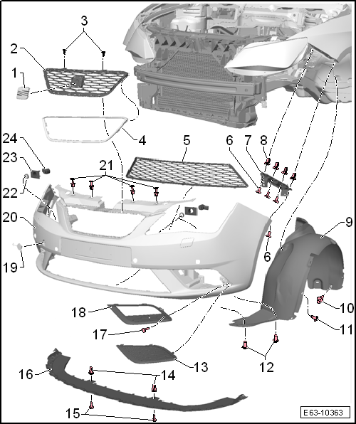 Seat Ibiza. Revestimiento del paragolpes anterior (MY 14): cuadro general montaje