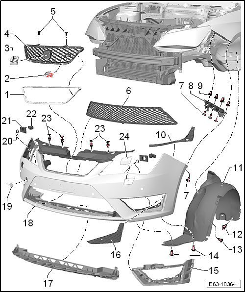 Seat Ibiza. Revestimiento del paragolpes anterior (MY 14 FR): cuadro general montaje